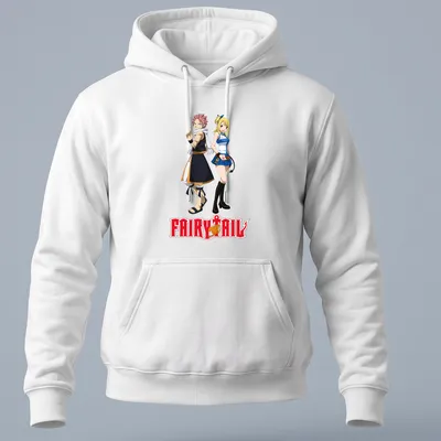 Illustration of Natsu and Lucy from Fairy Tail with bold text above — printed on a unisex hoodie