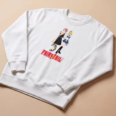 Illustration of Natsu and Lucy from Fairy Tail with bold text above — printed on a unisex sweatshirt