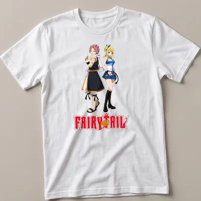 Illustration of Natsu and Lucy from Fairy Tail with bold text above