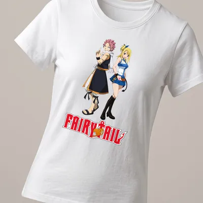 Illustration of Natsu and Lucy from Fairy Tail with bold text above — printed on a women's shirt