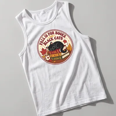 Vintage design of a sleeping black cat on a stack of books, featuring warm autumn colors. — printed on a tank top