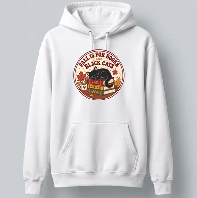 Vintage design of a sleeping black cat on a stack of books, featuring warm autumn colors. — printed on a unisex hoodie