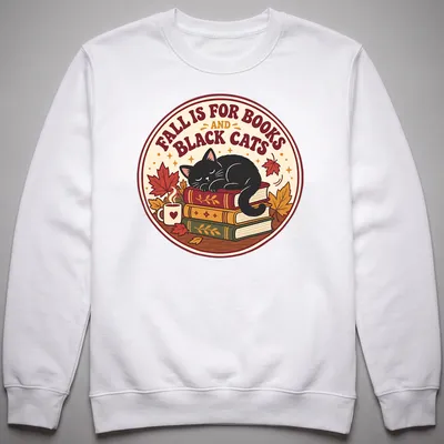 Vintage design of a sleeping black cat on a stack of books, featuring warm autumn colors. — printed on a unisex sweatshirt