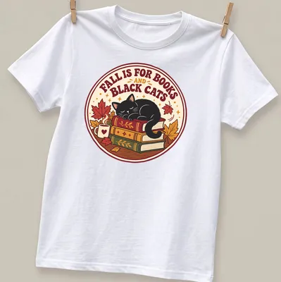 Vintage design of a sleeping black cat on a stack of books, featuring warm autumn colors.