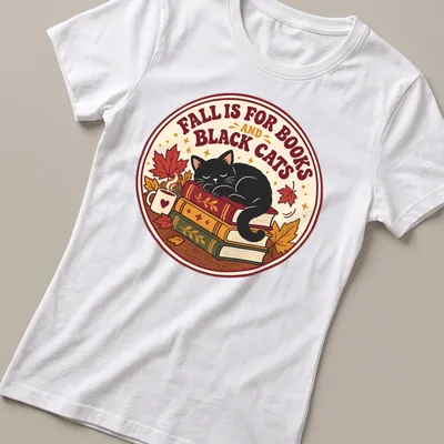 Vintage design of a sleeping black cat on a stack of books, featuring warm autumn colors. — printed on a women's shirt