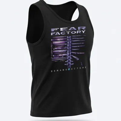 Abstract skeletal design with Fear Factory text in purple, black, and white — printed on a tank top