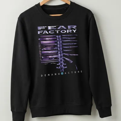 Abstract skeletal design with Fear Factory text in purple, black, and white — printed on a unisex sweatshirt