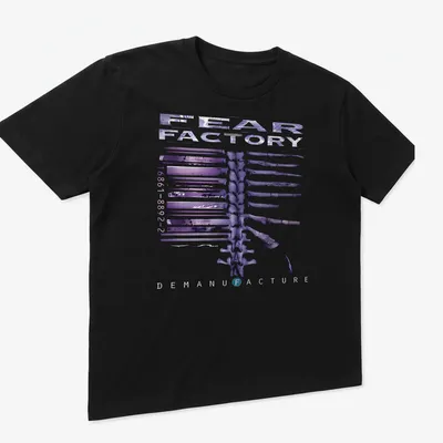 Abstract skeletal design with Fear Factory text in purple, black, and white — printed on a unisex t-shirt (angled view)