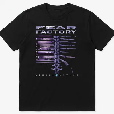 Abstract skeletal design with Fear Factory text in purple, black, and white
