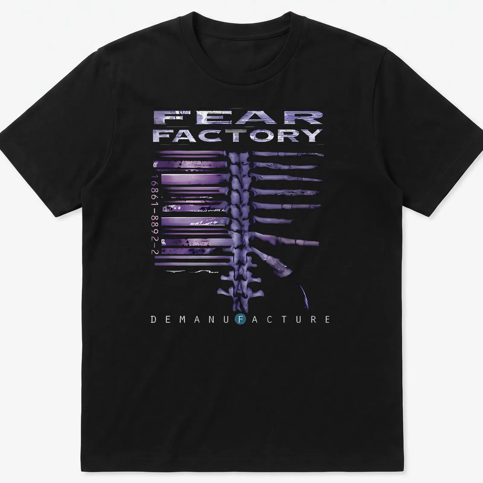 Abstract skeletal design with Fear Factory text in purple, black, and white — printed on a unisex t-shirt