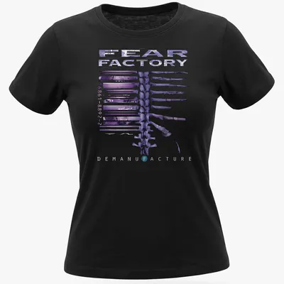 Abstract skeletal design with Fear Factory text in purple, black, and white — printed on a women's shirt