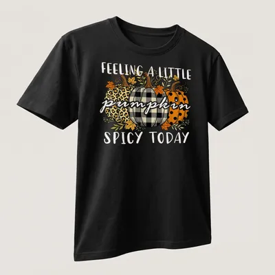 Vintage illustrated Fall t-shirt with decorative pumpkins and playful text — printed on a unisex t-shirt (angled view)