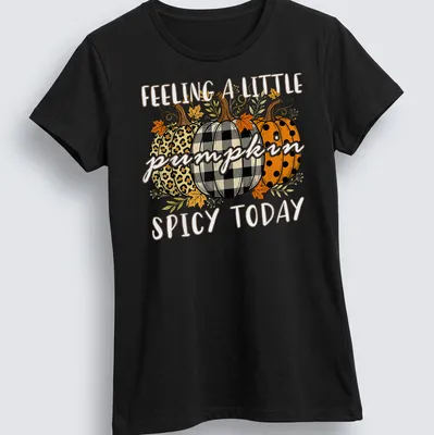 Vintage illustrated Fall t-shirt with decorative pumpkins and playful text — printed on a women's shirt