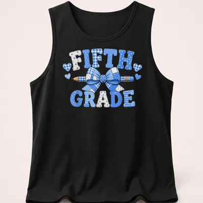 Patchwork design featuring a blue bow and pencil with 'Fifth Grade' text — printed on a tank top