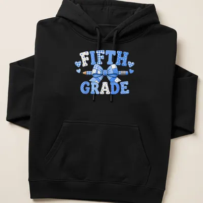 Patchwork design featuring a blue bow and pencil with 'Fifth Grade' text — printed on a unisex hoodie
