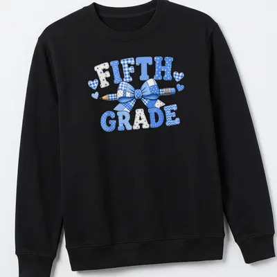 Patchwork design featuring a blue bow and pencil with 'Fifth Grade' text — printed on a unisex sweatshirt