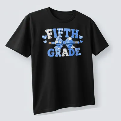 Patchwork design featuring a blue bow and pencil with 'Fifth Grade' text — printed on a unisex t-shirt (angled view)