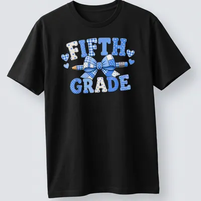Patchwork design featuring a blue bow and pencil with 'Fifth Grade' text