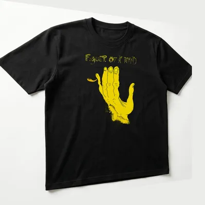 Illustrative T-shirt featuring hand anatomy with yellow and black colors. — printed on a unisex t-shirt (angled view)