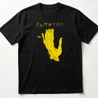 Illustrative T-shirt featuring hand anatomy with yellow and black colors.