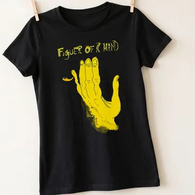 Illustrative T-shirt featuring hand anatomy with yellow and black colors. — printed on a women's shirt