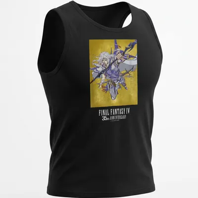 Cecil from Final Fantasy IV illustrated on a t-shirt with anniversary text in gold and blue — printed on a tank top