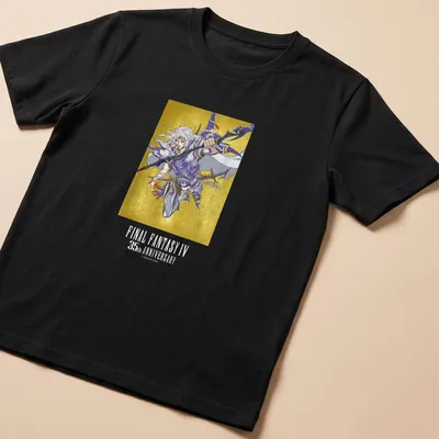 Cecil from Final Fantasy IV illustrated on a t-shirt with anniversary text in gold and blue