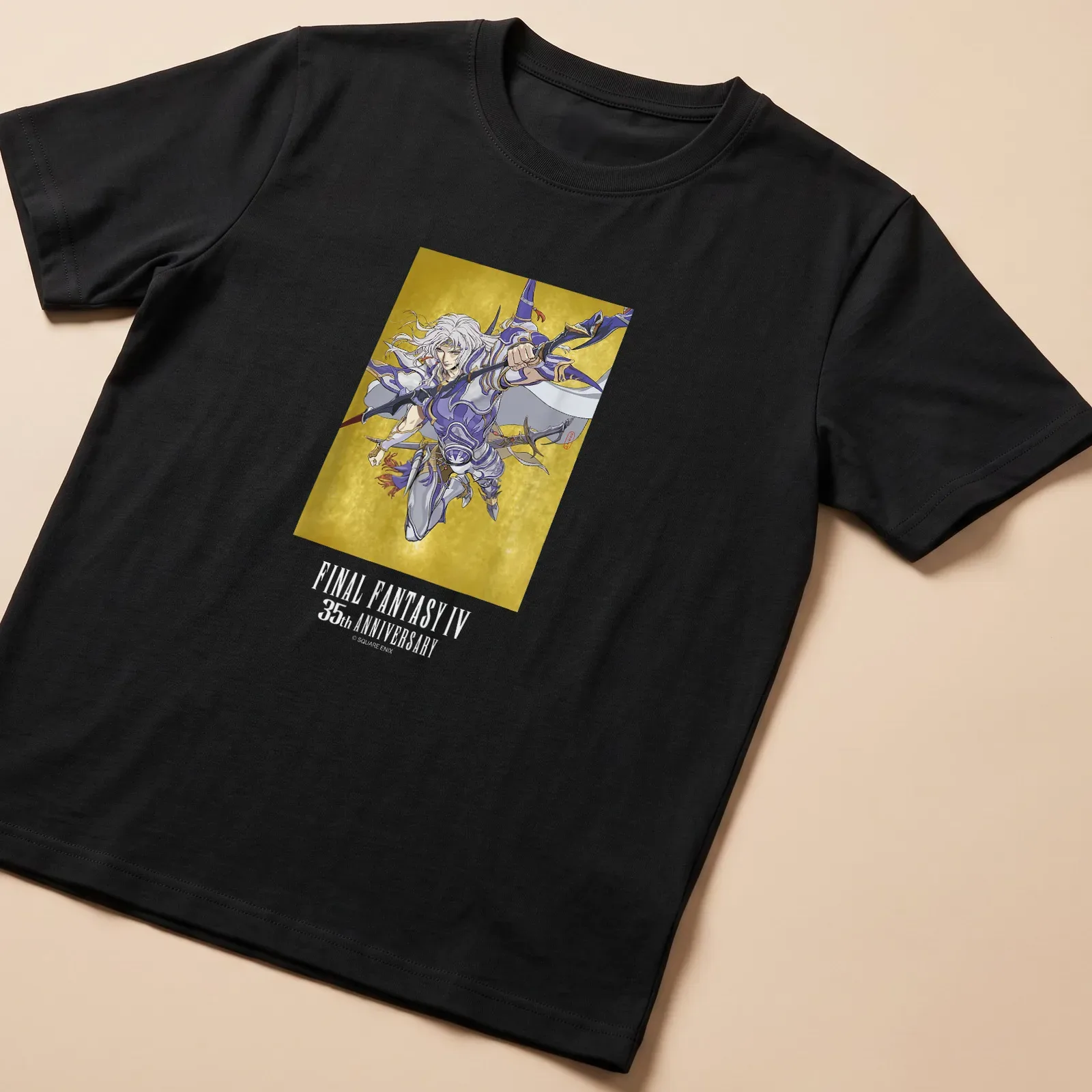 Cecil from Final Fantasy IV illustrated on a t-shirt with anniversary text in gold and blue — printed on a unisex t-shirt