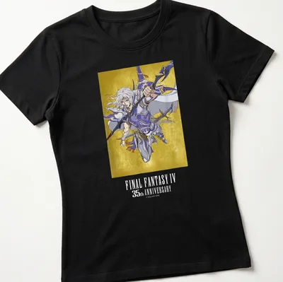 Cecil from Final Fantasy IV illustrated on a t-shirt with anniversary text in gold and blue — printed on a women's shirt