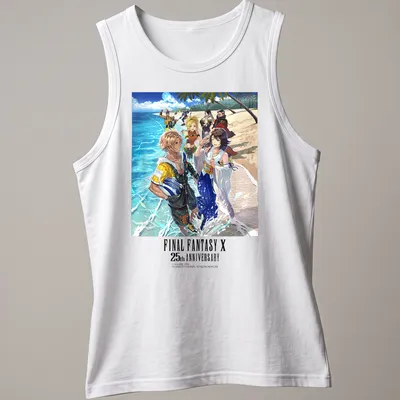 Final Fantasy X characters illustrated in anime style with anniversary text — printed on a tank top