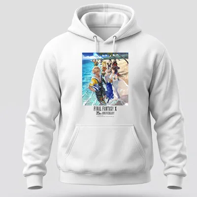 Final Fantasy X characters illustrated in anime style with anniversary text — printed on a unisex hoodie