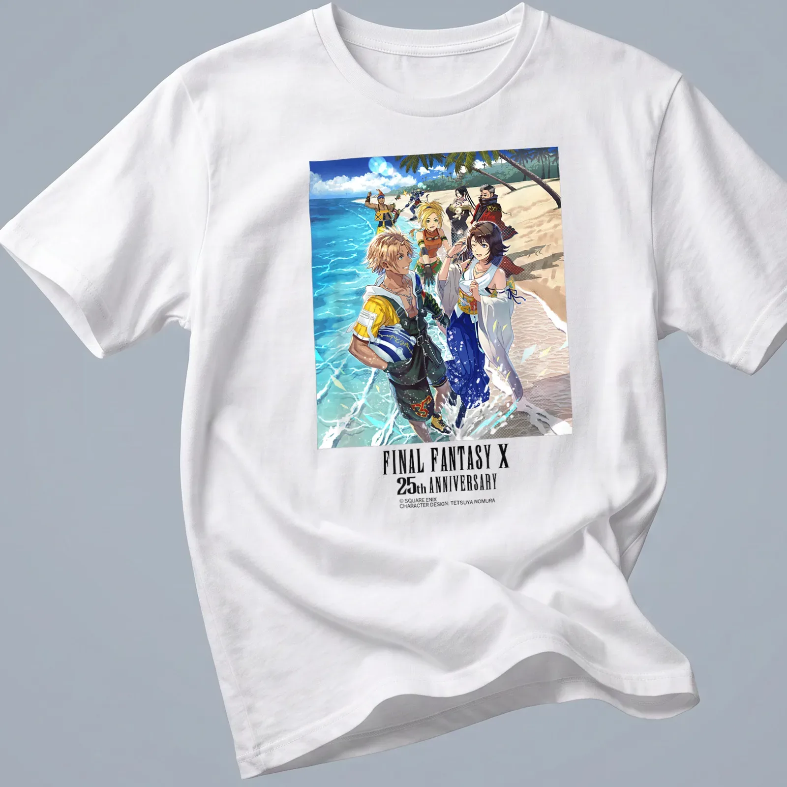 Final Fantasy X characters illustrated in anime style with anniversary text — printed on a unisex t-shirt