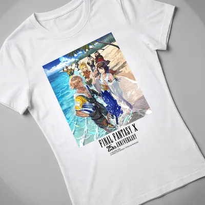 Final Fantasy X characters illustrated in anime style with anniversary text — printed on a women's shirt