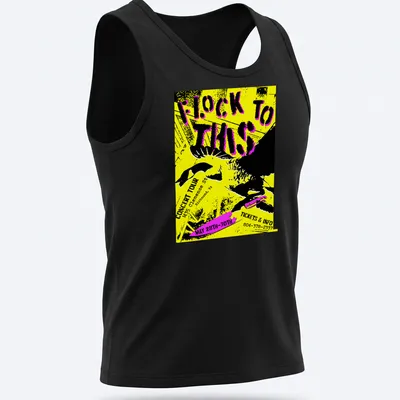 Bold graphic tee featuring a goose with a knife and concert details in yellow and black — printed on a tank top