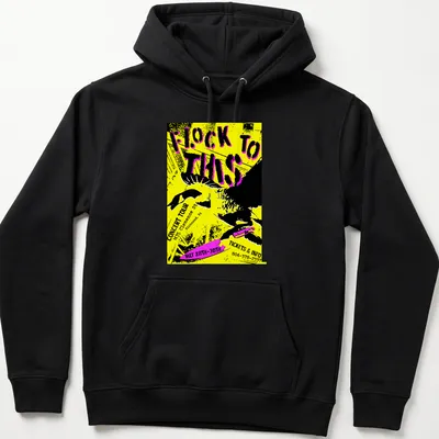 Bold graphic tee featuring a goose with a knife and concert details in yellow and black — printed on a unisex hoodie
