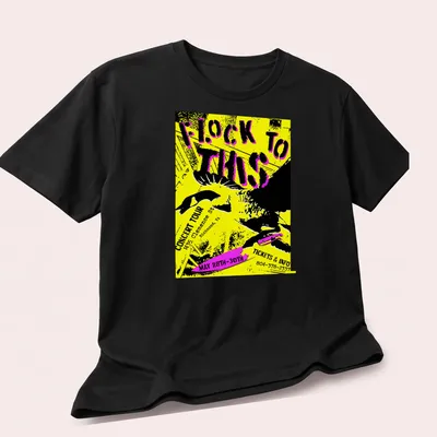 Bold graphic tee featuring a goose with a knife and concert details in yellow and black — printed on a unisex t-shirt (angled view)