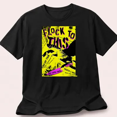 Bold graphic tee featuring a goose with a knife and concert details in yellow and black