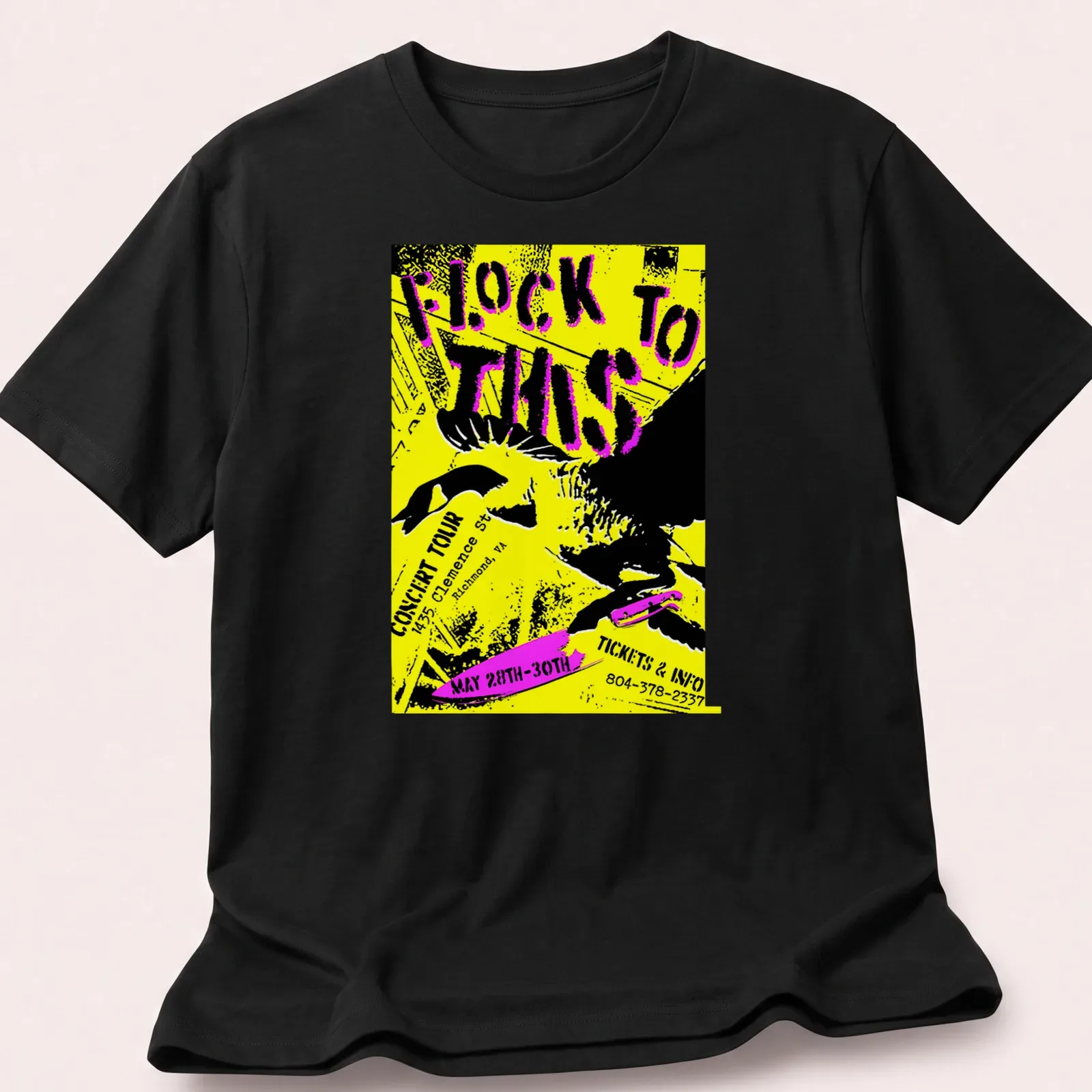 Bold graphic tee featuring a goose with a knife and concert details in yellow and black — printed on a unisex t-shirt