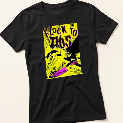 Bold graphic tee featuring a goose with a knife and concert details in yellow and black — printed on a women's shirt