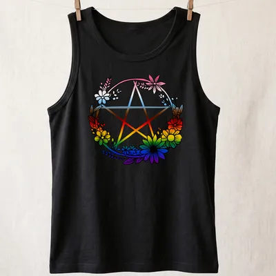 Colorful illustration of a pentagram surrounded by flowers representing LGBTQ pride. — printed on a tank top