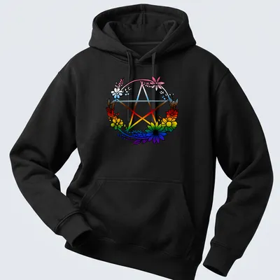 Colorful illustration of a pentagram surrounded by flowers representing LGBTQ pride. — printed on a unisex hoodie