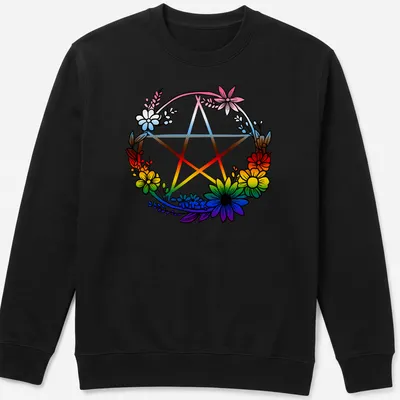 Colorful illustration of a pentagram surrounded by flowers representing LGBTQ pride. — printed on a unisex sweatshirt