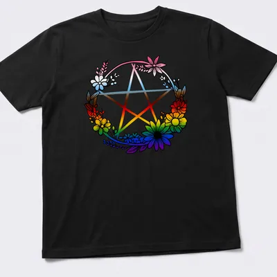 Colorful illustration of a pentagram surrounded by flowers representing LGBTQ pride. — printed on a unisex t-shirt