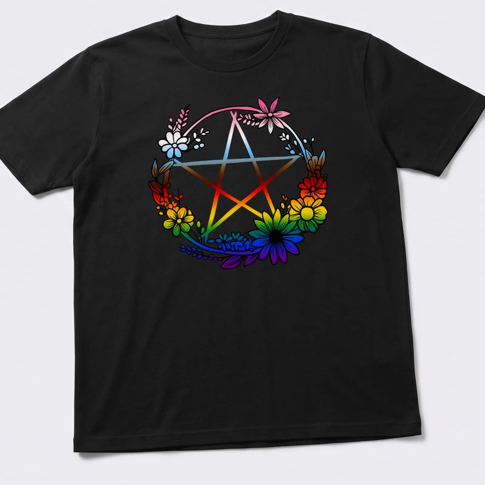 Colorful illustration of a pentagram surrounded by flowers representing LGBTQ pride. — printed on a unisex t-shirt