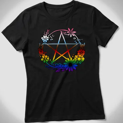 Colorful illustration of a pentagram surrounded by flowers representing LGBTQ pride. — printed on a women's shirt