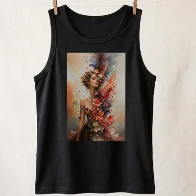 Vibrant floral woman portrait T-shirt with colorful blossoms in various shades. — printed on a tank top
