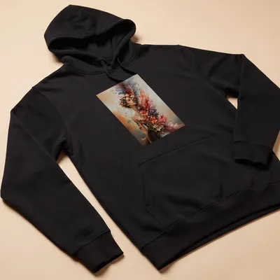 Vibrant floral woman portrait T-shirt with colorful blossoms in various shades. — printed on a unisex hoodie