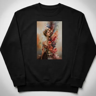 Vibrant floral woman portrait T-shirt with colorful blossoms in various shades. — printed on a unisex sweatshirt