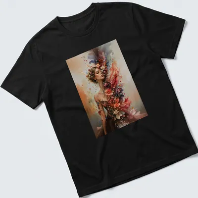 Vibrant floral woman portrait T-shirt with colorful blossoms in various shades.