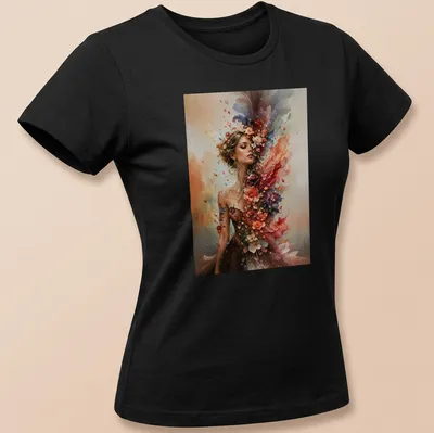Vibrant floral woman portrait T-shirt with colorful blossoms in various shades. — printed on a women's shirt
